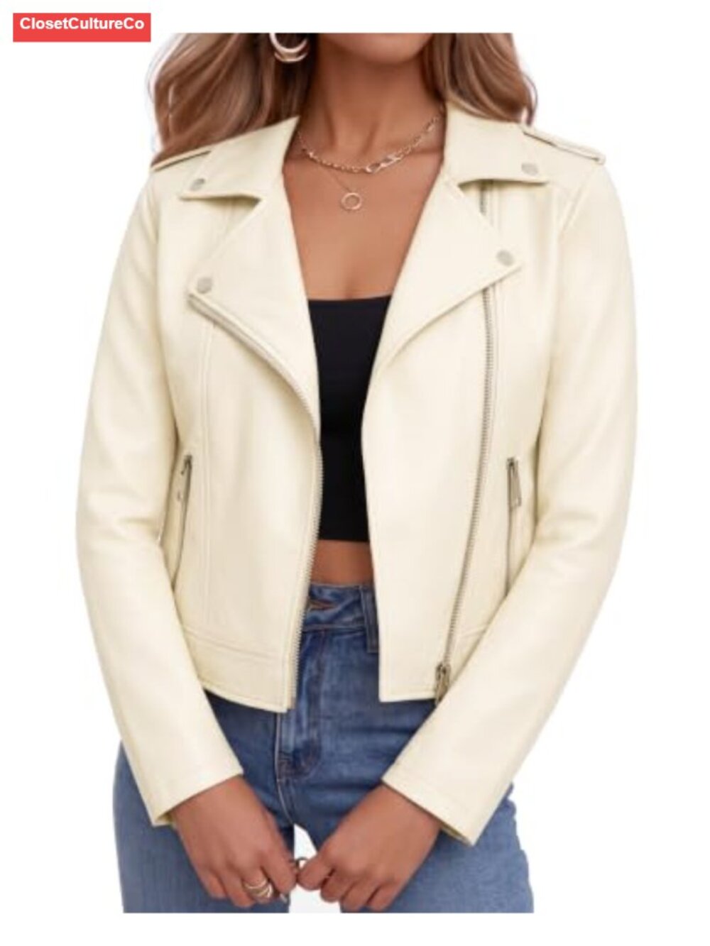 Faux Leather Cropped Moto Biker Jacket Zip Up